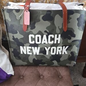 Coach Camouflage Tote with White Logo and Brown Handles